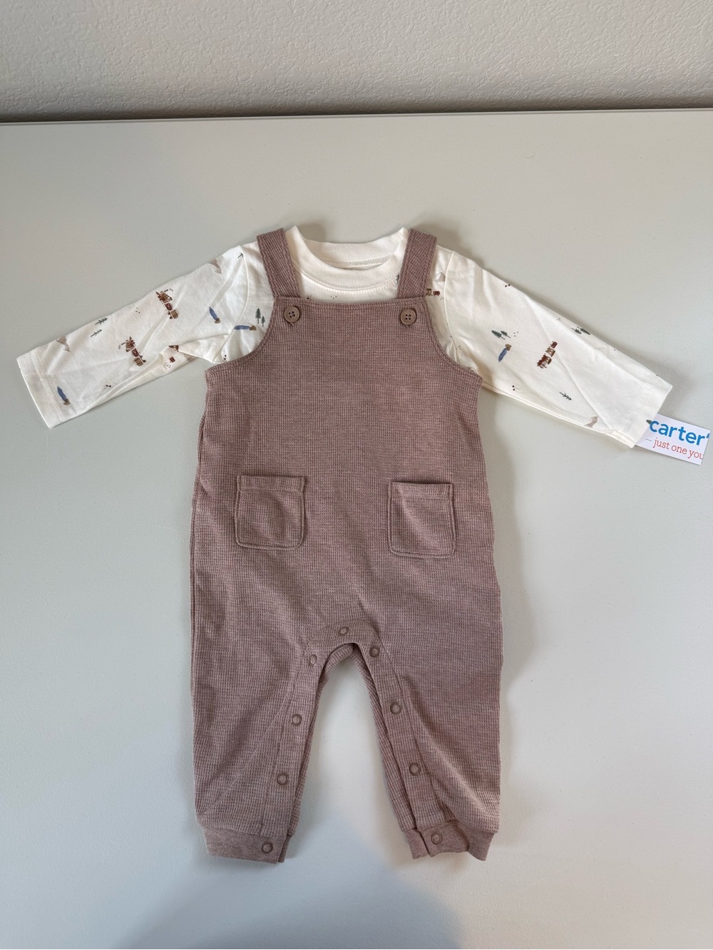 NWT Carter's Brown knit overalls with cream shirt
